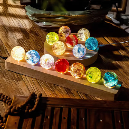Galaxy Light with 7 Glass Orbs, Wooden Base Lamp, USB Mood Lamp for Home Office Decor