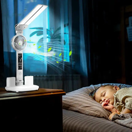 Portable LED Desk Lamp with Fan & Pen Holder | Adjustable Lighting for Organized Workspaces