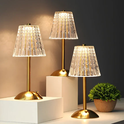 Golden Crystal Table Lamp with Touch Controls | Cordless LED Lighting for Elegant Ambiance
