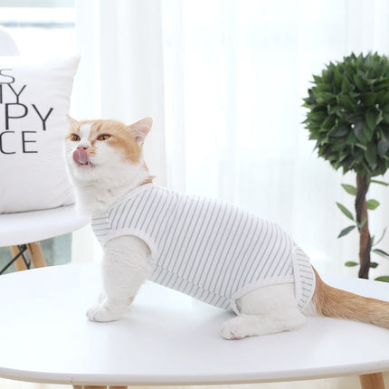 Lightweight Blue and White Striped Cat Weaning Outfit for Recovery | Soft and Breathable Fabric for Comfort