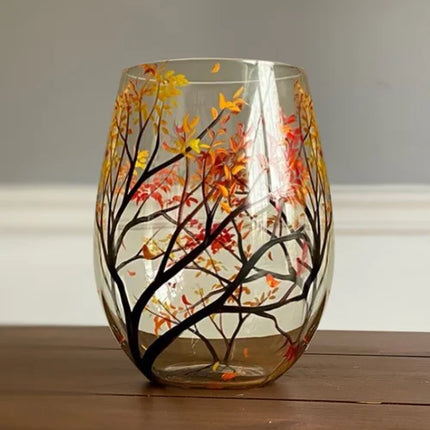 Hand Painted Wine Glasses, Stemless Wine Glasses and Stemmed Wine Glass with Four Seasons Tree Art – image 14