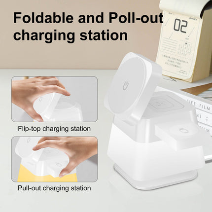 4-in-1 Magnetic Wireless Charger Stand with Colorful Lighting | Simultaneous Charging for iPhone, Apple Watch, and AirPods