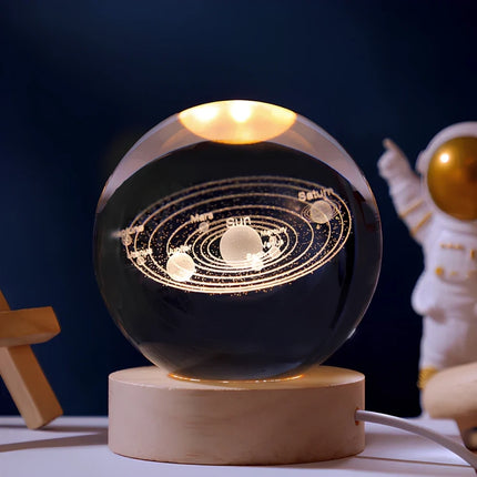 Luminous Crystal Ball with 3D Engraved Planets | Magical Night Light for Cozy Home Decor