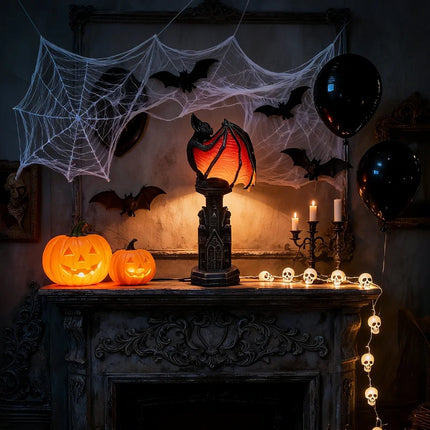 Gothic Bat Lamp with Crimson Wings | Eerie Accent Light for Halloween Decor and Ambience