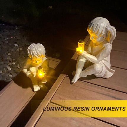 Garden Statues with Solar Firefly Light, Resin Garden Figurine of Boy or Girl