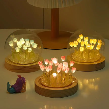 Tulip Light Under Glass Dome with 10 Warm White LEDs | Elegant Home Decor for Ambiance and Meaningful Gifting