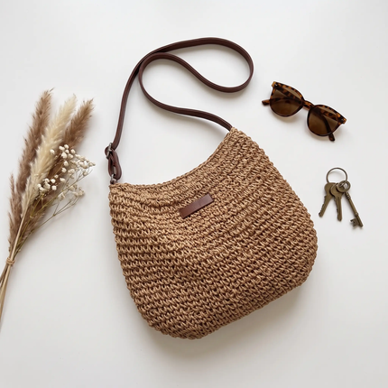 Straw Shoulder Bag, Straw Bag with Synthetic Leather Trim – image 6