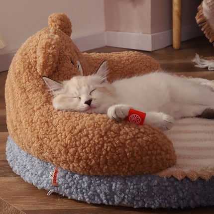 Cozy Bear Style Pet Nest with High Back Support | Winter Cat Bed for Ultimate Comfort and Warmth