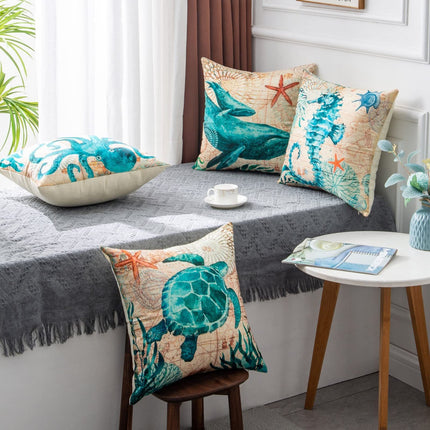 Marine Life Printed Cushion Cover with Invisible Zipper | Flax Material for Elegant Home Decor
