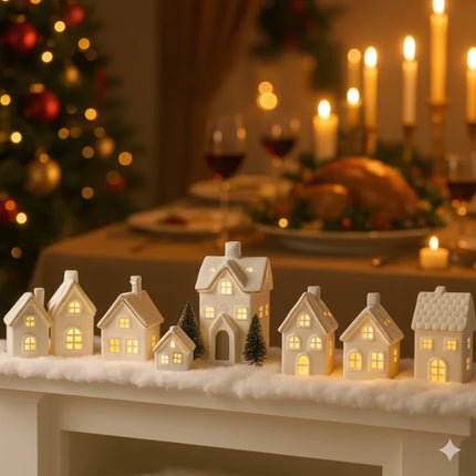 Ceramic Winter Village Decor Set with Ambient Glow | Handcrafted Holiday Centerpiece for Cozy Seasonal Atmosphere