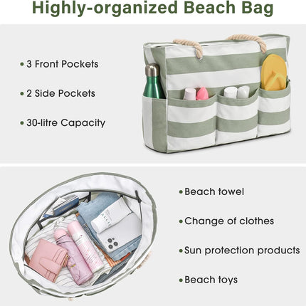 Beach Bliss | Large Canvas Beach Tote Bag with Zipper & Waterproof Design | Versatile 7-Pocket Storage for Sand-Free Fun