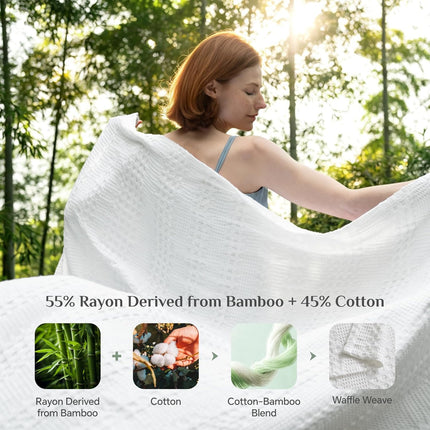 Cooling Waffle Blanket  – Lightweight Breathable Cotton Summer Blanket of Rayon Derived from Bamboo for Hot Sleepers, Soft Cozy Blankets with Ideal Weight for Bed, White, 90"x90"