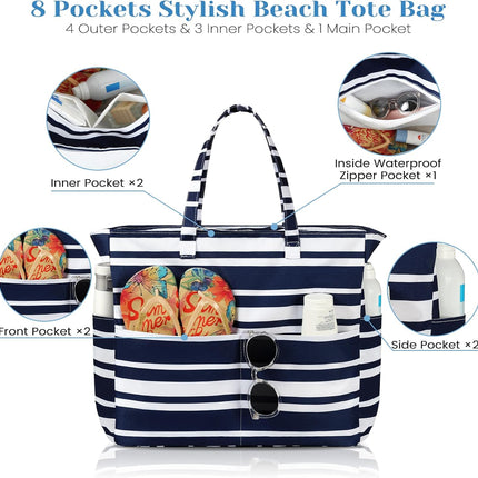 Vepine Waterproof Beach Tote Bag with Zipper & Sandproof Design | Large Capacity for Travel and Gym