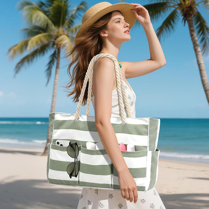 Beach Bliss | Large Canvas Beach Tote Bag with Zipper & Waterproof Design | Versatile 7-Pocket Storage for Sand-Free Fun