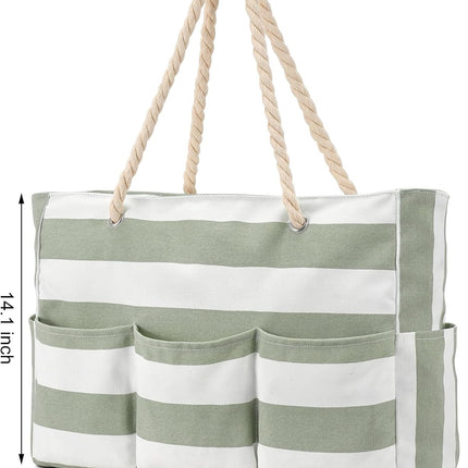 Beach Bliss | Large Canvas Beach Tote Bag with Zipper & Waterproof Design | Versatile 7-Pocket Storage for Sand-Free Fun