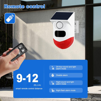 Motion Sensor Alarm Outdoor, Solar Motion Detector Alarm with 120dB Siren and Strobe