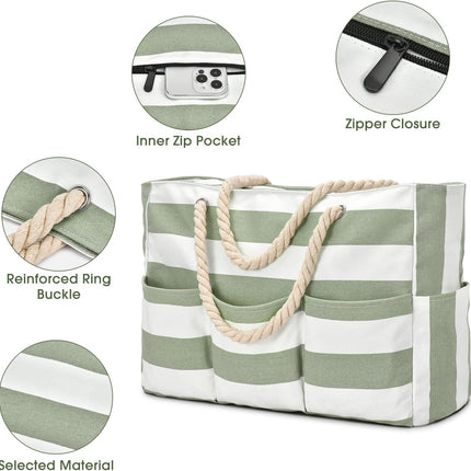 Beach Bliss | Large Canvas Beach Tote Bag with Zipper & Waterproof Design | Versatile 7-Pocket Storage for Sand-Free Fun