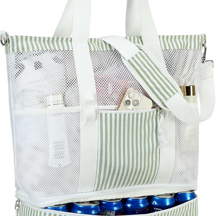 Vepine | Mesh Beach Tote Bag with Insulated Cooler Compartment | Versatile Picnic Bag for Summer Outings