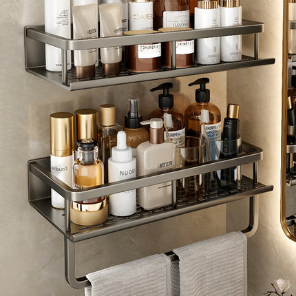 Wall Mounted Bathroom Shelves with Adhesive or Drill Mounting, Gray Metal Bathroom Organizer – image 6