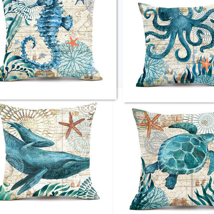 Marine Life Printed Cushion Cover with Invisible Zipper | Flax Material for Elegant Home Decor