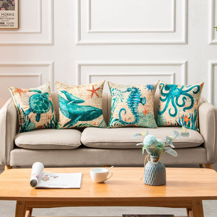 Marine Life Printed Cushion Cover with Invisible Zipper | Flax Material for Elegant Home Decor