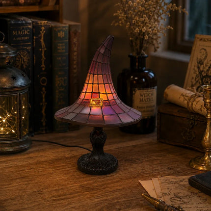 Witch Hat Table Lamp with Mosaic Panels for Enchanting Home Decor | Warm Glow for Bedrooms and Seasonal Displays