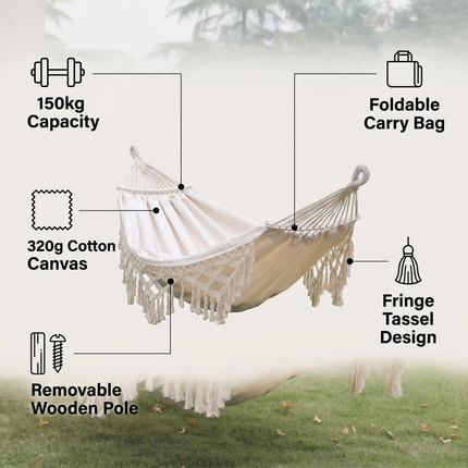 Double Hammock with Spreader Bars, Cotton Canvas Camping Hammock with Tassels