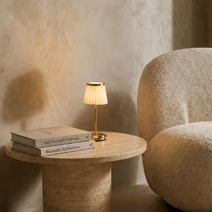 Dimmable Rechargeable Table Lamp with Pleated Fabric Shade | Elegant Cordless Lighting for Indoor and Outdoor Use