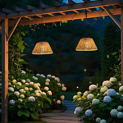 Solar-Powered Lantern with USB Backup & Dusk Sensor | Elegant Faux Rattan Design for Outdoor Ambiance