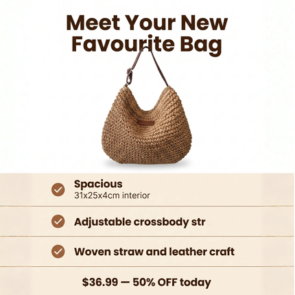 Boho Woven Crossbody Bag with Adjustable Strap, Straw Bag with Synthetic Leather Trim – image 7
