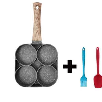 Four-Hole Non-Stick Pan with Silicone Spatula & Oil Brush | Versatile Cooking Tool for Pancakes and Omelets
