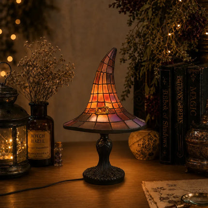 Witch Hat Table Lamp with Mosaic Panels for Enchanting Home Decor | Warm Glow for Bedrooms and Seasonal Displays