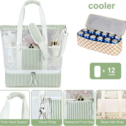 Vepine | Mesh Beach Tote Bag with Insulated Cooler Compartment | Versatile Picnic Bag for Summer Outings