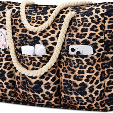 Beach Bliss | Large Canvas Beach Tote Bag with Zipper & Waterproof Design | Versatile 7-Pocket Storage for Sand-Free Fun
