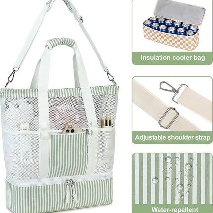 Vepine | Mesh Beach Tote Bag with Insulated Cooler Compartment | Versatile Picnic Bag for Summer Outings