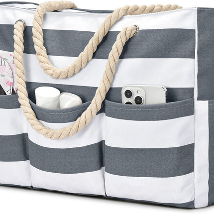 Beach Bliss | Large Canvas Beach Tote Bag with Zipper & Waterproof Design | Versatile 7-Pocket Storage for Sand-Free Fun
