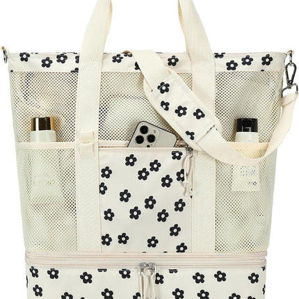 Vepine | Mesh Beach Tote Bag with Insulated Cooler Compartment | Versatile Picnic Bag for Summer Outings