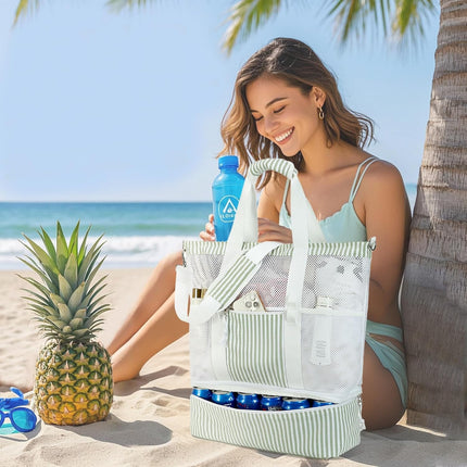 Vepine | Mesh Beach Tote Bag with Insulated Cooler Compartment | Versatile Picnic Bag for Summer Outings