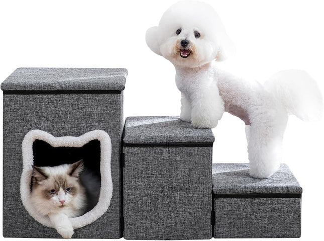 Pet Haven | 3-Step Non-Slip Dog Stairs with Storage | Easy Access for Small Dogs and Cats