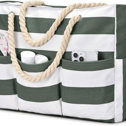 Beach Bliss | Large Canvas Beach Tote Bag with Zipper & Waterproof Design | Versatile 7-Pocket Storage for Sand-Free Fun