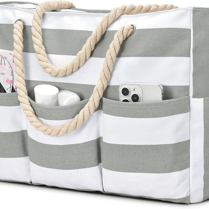 Beach Bliss | Large Canvas Beach Tote Bag with Zipper & Waterproof Design | Versatile 7-Pocket Storage for Sand-Free Fun
