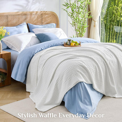 Cooling Waffle Blanket  – Lightweight Breathable Cotton Summer Blanket of Rayon Derived from Bamboo for Hot Sleepers, Soft Cozy Blankets with Ideal Weight for Bed, White, 90"x90"