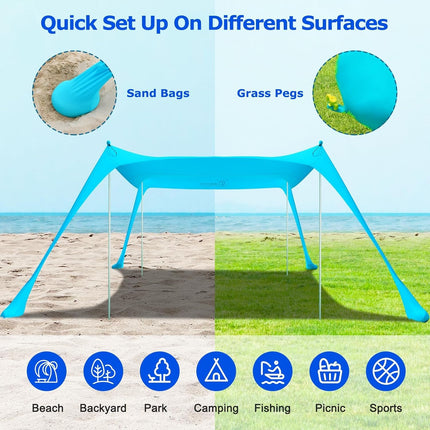 Family Beach Tent with Aluminum Poles and Sand Anchors, Beach Shade for 4 to 5 People