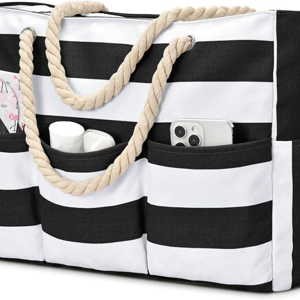 Beach Bliss | Large Canvas Beach Tote Bag with Zipper & Waterproof Design | Versatile 7-Pocket Storage for Sand-Free Fun