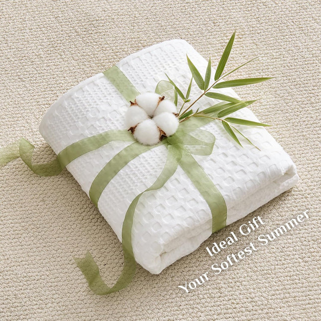 Cooling Waffle Blanket  – Lightweight Breathable Cotton Summer Blanket of Rayon Derived from Bamboo for Hot Sleepers, Soft Cozy Blankets with Ideal Weight for Bed, White, 90"x90"