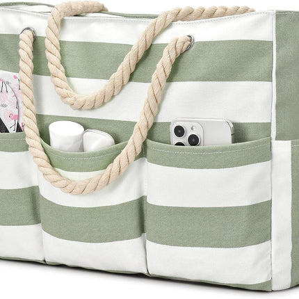 Beach Bliss | Large Canvas Beach Tote Bag with Zipper & Waterproof Design | Versatile 7-Pocket Storage for Sand-Free Fun