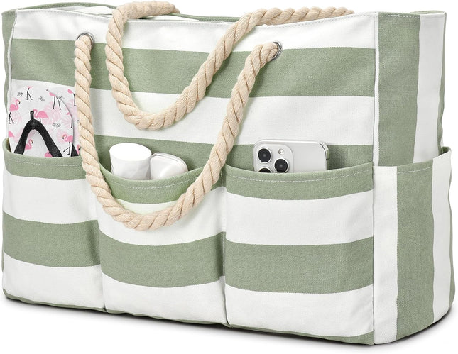 Beach Bliss | Large Canvas Beach Tote Bag with Zipper & Waterproof Design | Versatile 7-Pocket Storage for Sand-Free Fun