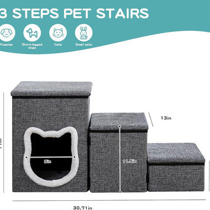 Pet Haven | 3-Step Non-Slip Dog Stairs with Storage | Easy Access for Small Dogs and Cats