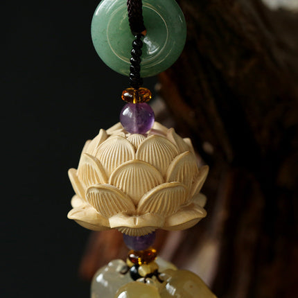 Natural Boxwood Lotus Car Hanging Ornament with Exquisite Craftsmanship | Elegant Interior Decor for Peace and Serenity
