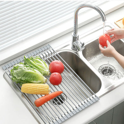 Stainless Steel Rolling Curtain Drain Rack with No-Drill Installation | Space-Saving Design for Easy Kitchen Organization